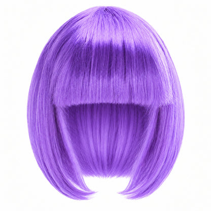 Purple straight bob wig with full fringe and curved-in ends on a white background.