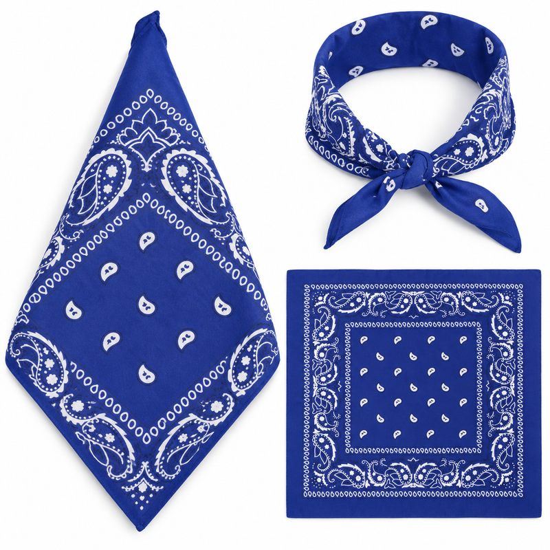 Blue 100% cotton paisley bandana head scarf on a white background.