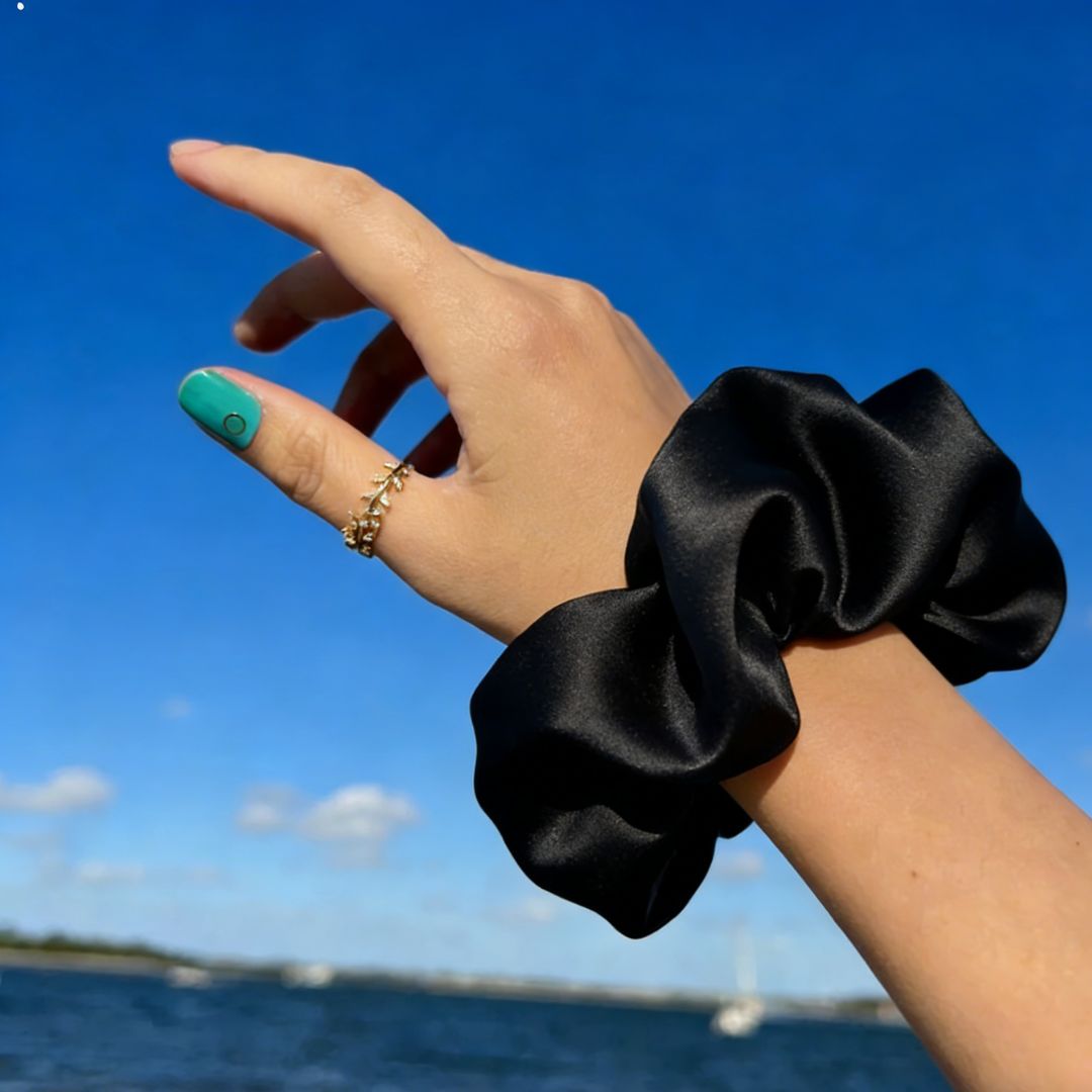 18CM BLACK OVERSIZE LARGE SCRUNCHIES SILK SATIN ELASTIC HAIR ROPE PONYTAIL TIE