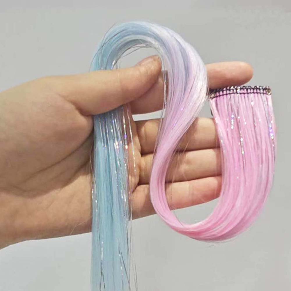 PINK & SKY BLUE 40CM TINSEL CLIP IN HAIR EXTENSIONS HAIR HIGHLIGHTS