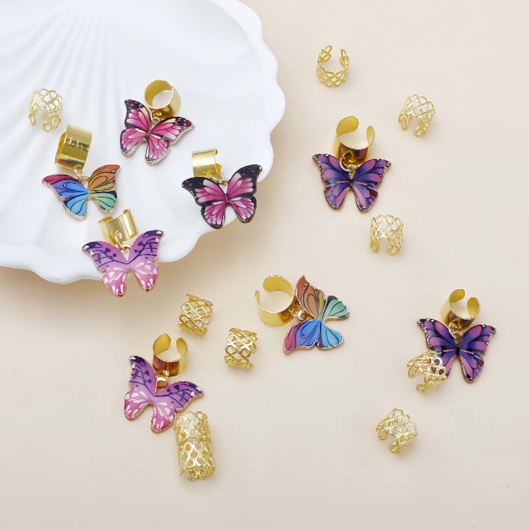 18PCS COLOURFUL BUTTERFLY GOLD HAIR CUFFS BRAID CUFFS