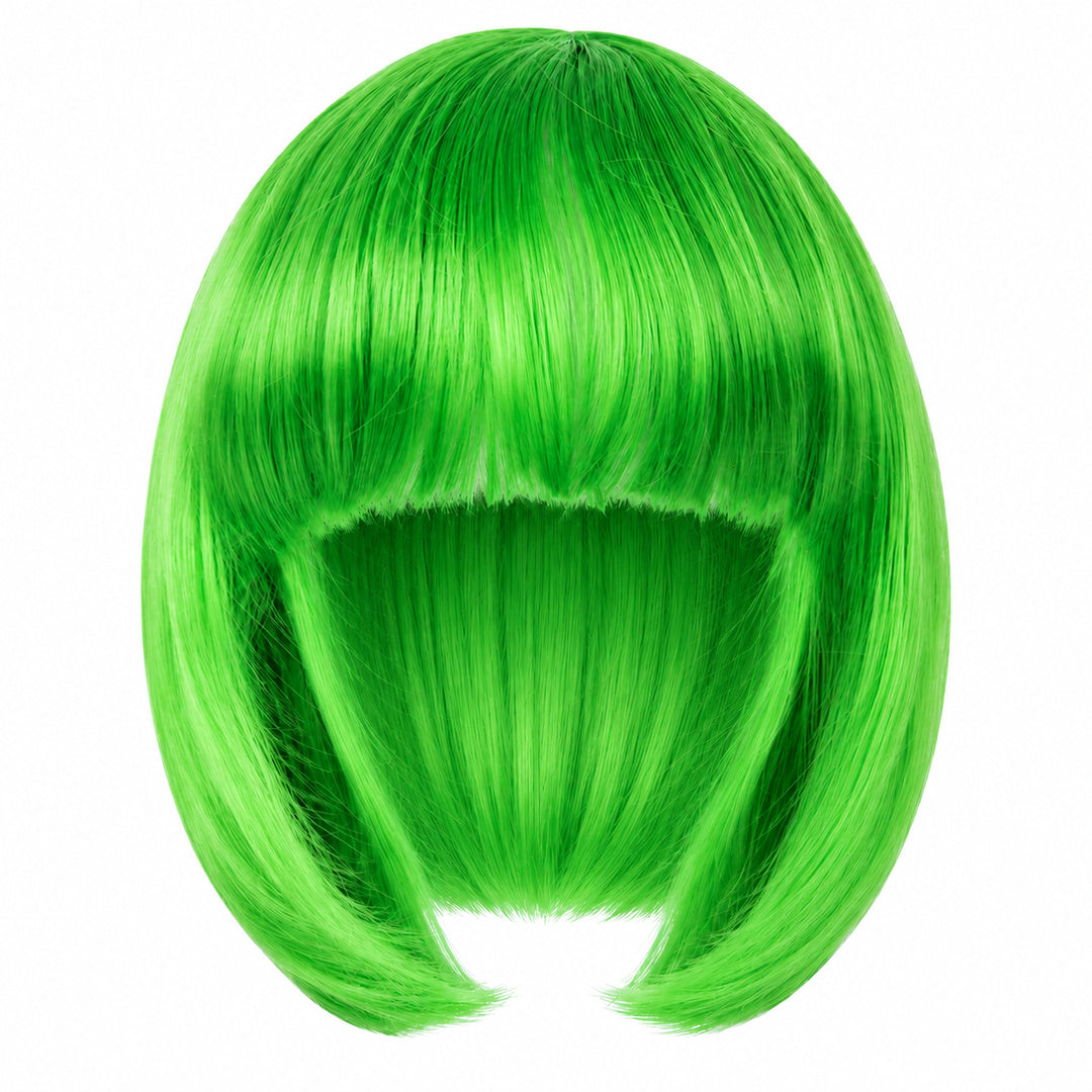 Green straight bob wig with full fringe and curved-in ends on a white background.