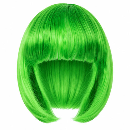 Green straight bob wig with full fringe and curved-in ends on a white background.