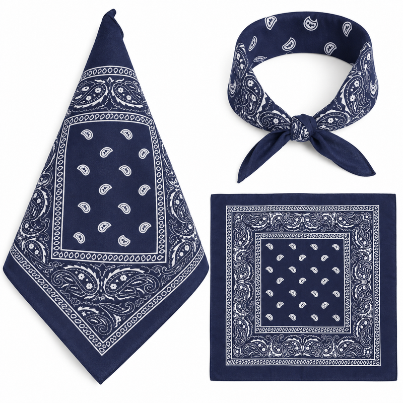 Navy Blue 100% cotton paisley bandana head scarf on a white background.