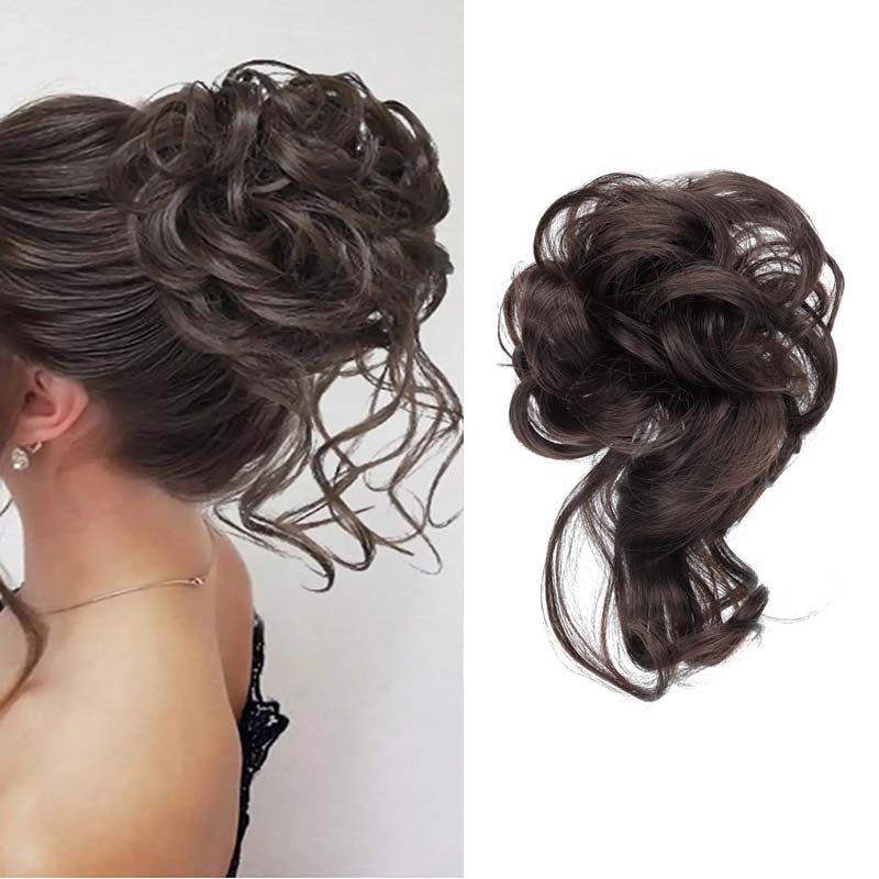 CHOCOLATE BROWN 20CM SYNTHETIC HAIR BUN EXTENSIONS MESSY CURLY SCRUNCHIES