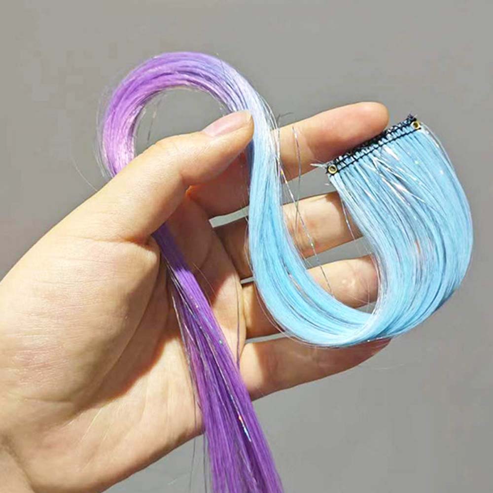 LIGHT BLUE &amp; PURPLE 40CM TINSEL CLIP IN HAIR EXTENSIONS HAIR HIGHLIGHTS