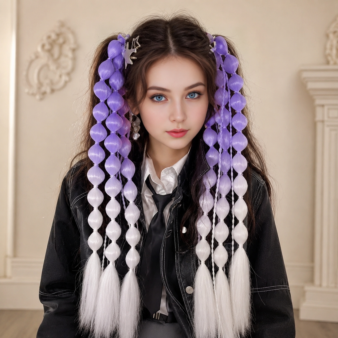 PURPLE &amp; WHITE BUBBLE BRAID HAIR EXTENSIONS 22" | FESTIVAL &amp; RAVE HAIR