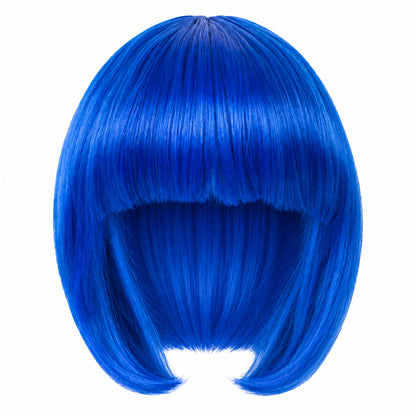 Blue straight bob wig with full fringe and curved-in ends on a white background.