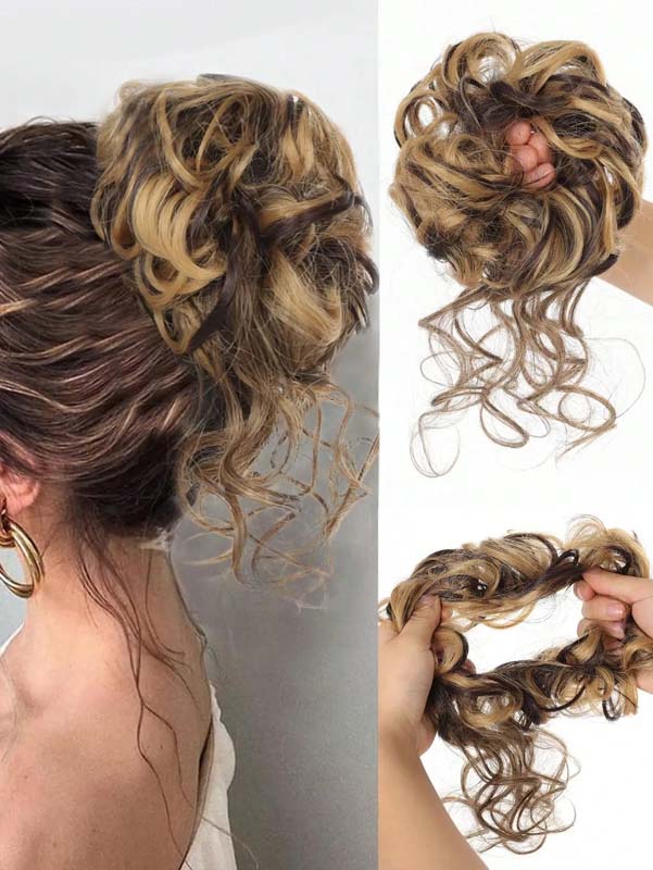 CHESTNUT BROWN 20CM SYNTHETIC HAIR BUN EXTENSIONS MESSY CURLY SCRUNCHIES