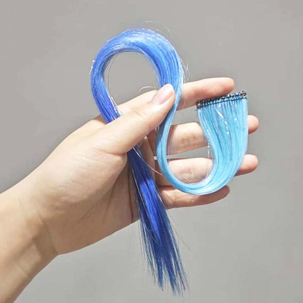 LIGHT BLUE &amp; BLUE 40CM TINSEL CLIP IN HAIR EXTENSIONS HAIR HIGHLIGHTS