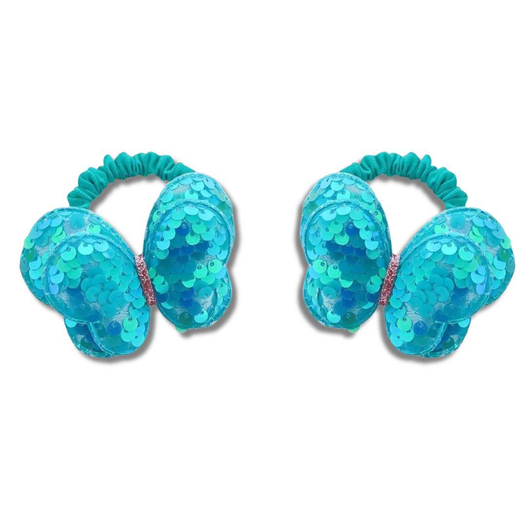 2PCS TURQUOISE KIDS SEQUIN BUTTERFLY HAIR TIES COLOURFUL ELASTIC PONYTAIL HOLDERS FOR GIRLS