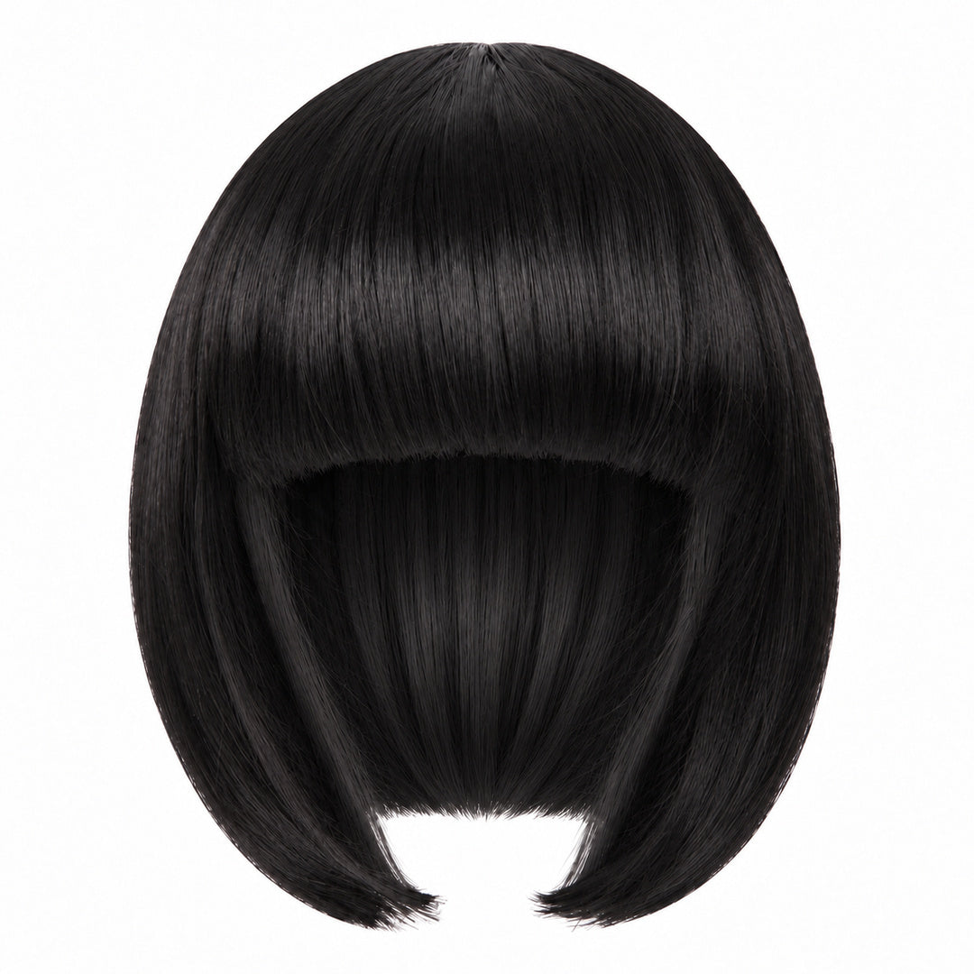 Black straight bob wig with full fringe and curved-in ends on a white background.