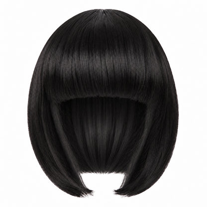 Black straight bob wig with full fringe and curved-in ends on a white background.