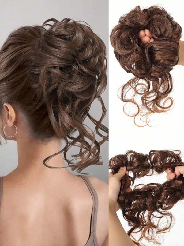 ASH BROWN 20CM SYNTHETIC HAIR BUN EXTENSIONS MESSY CURLY SCRUNCHIES