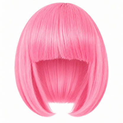 Pink straight bob wig with full fringe and curved-in ends on a white background.