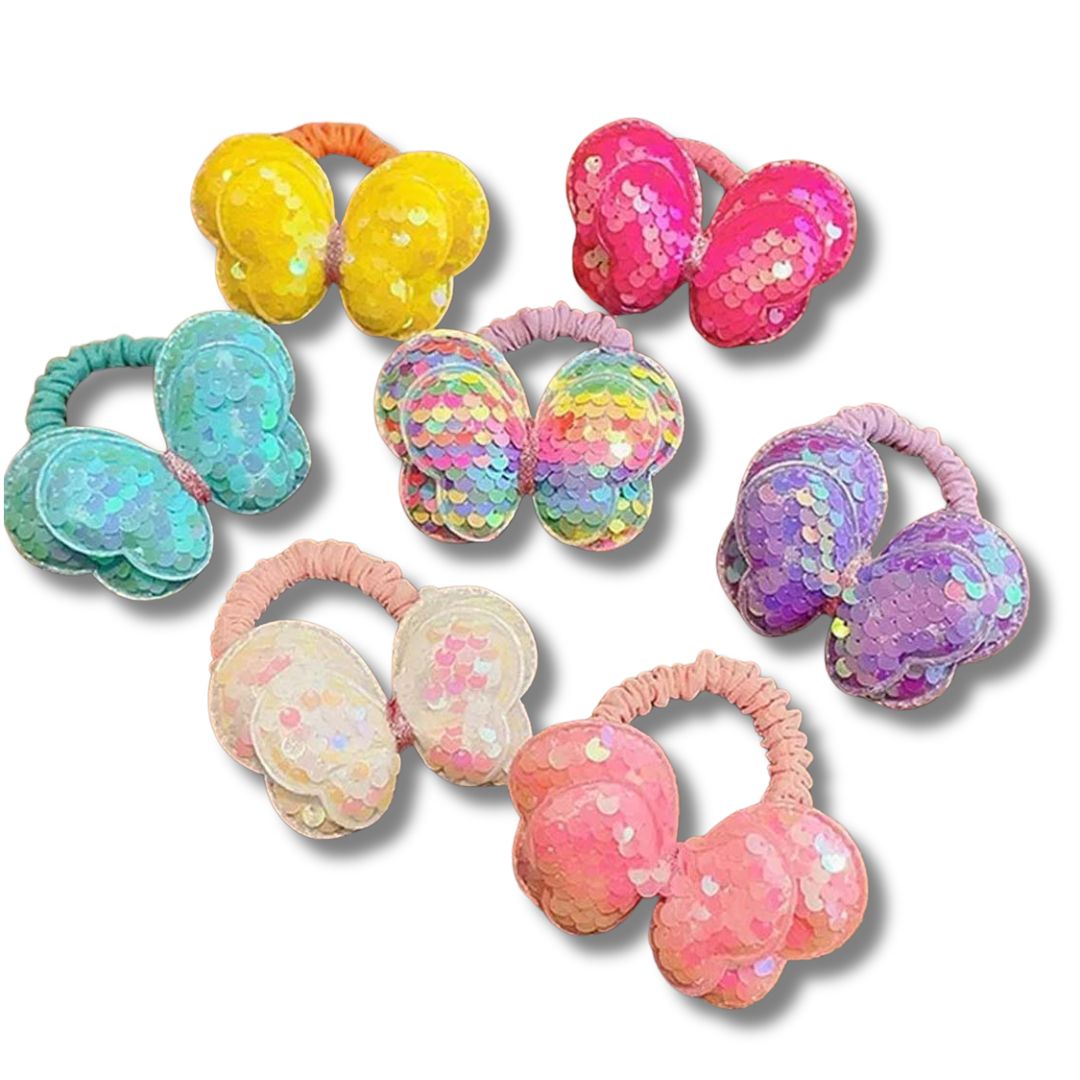 2PCS KIDS SEQUIN BUTTERFLY HAIR TIES COLOURFUL ELASTIC PONYTAIL HOLDERS FOR GIRLS