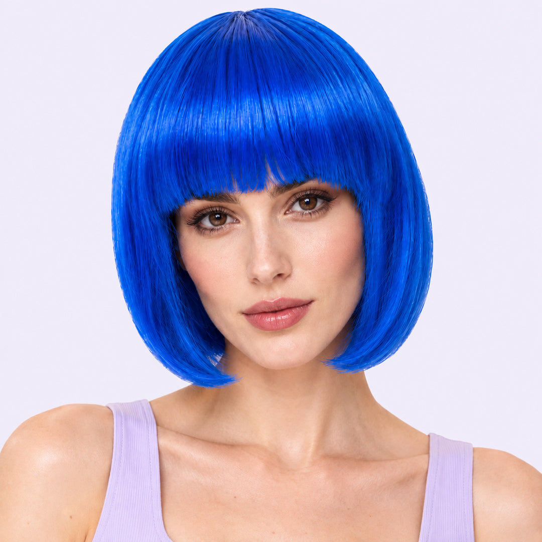 Model wearing a blue straight bob wig with full fringe.