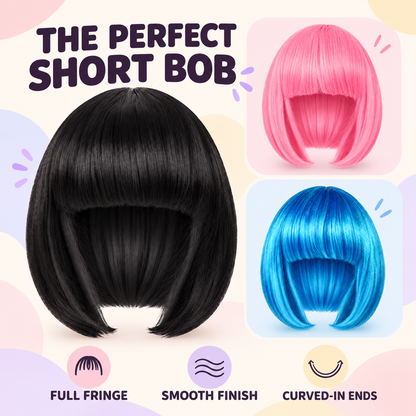 Short bob wig style graphic showing black, pink and blue wigs with full fringe and curved-in ends.
