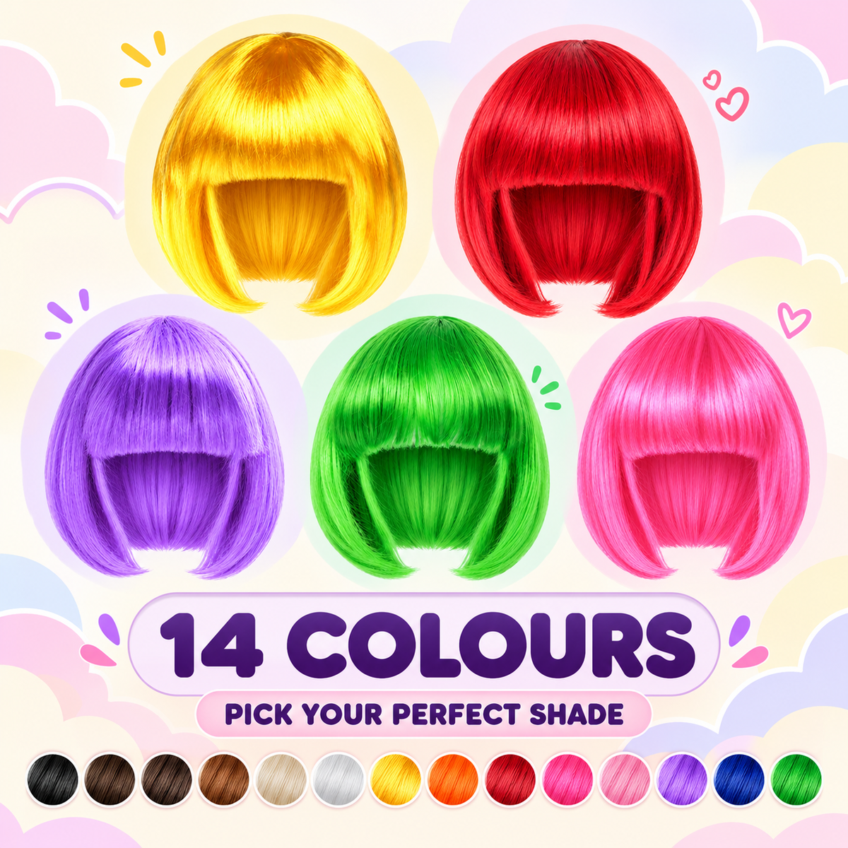 Short bob wigs with full fringes in yellow, red, purple, green and pink, with a 14-colour selection chart