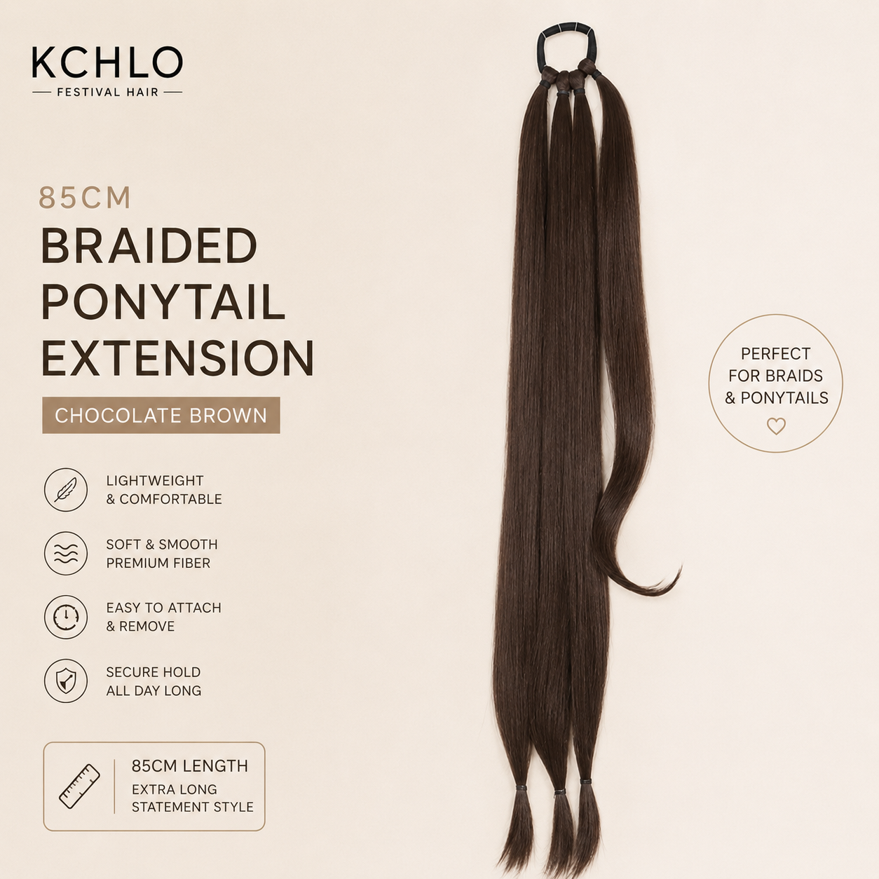 CHOCOLATE BROWN 85CM LONG SYNTHETIC BRAIDED PONYTAIL EXTENSION