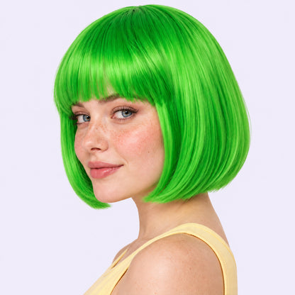 Model wearing a green straight bob wig with full fringe.