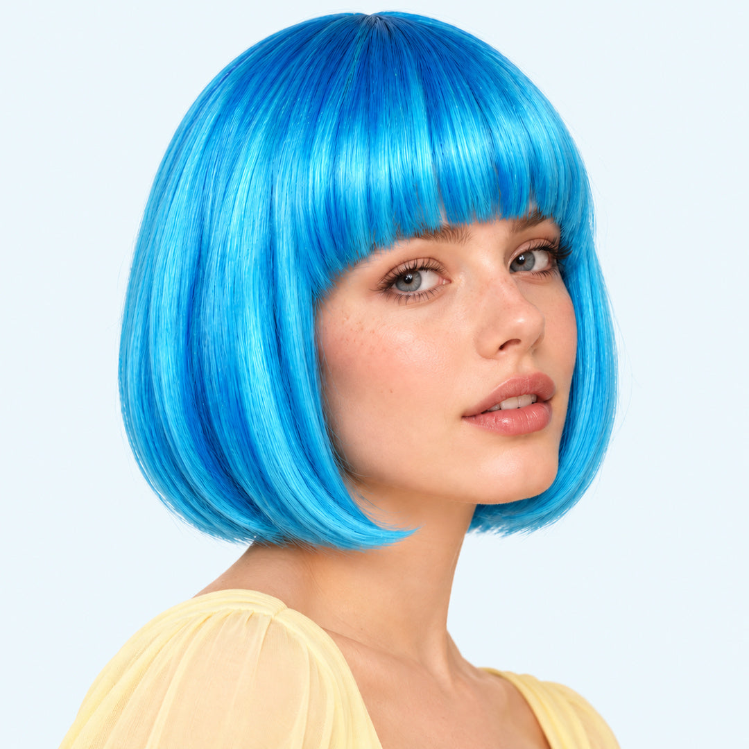 Model wearing a light blue straight bob wig with full fringe.