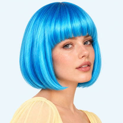 Model wearing a light blue straight bob wig with full fringe.
