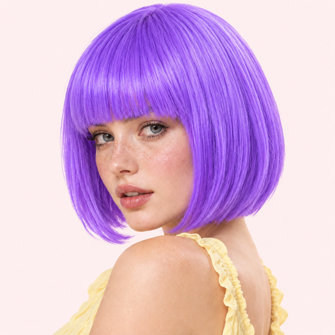 Model wearing a purple straight bob wig with full fringe.
