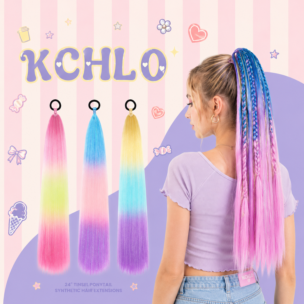 24 inch tinsel ponytail synthetic hair extension with sparkling colourful strands by KCHLO