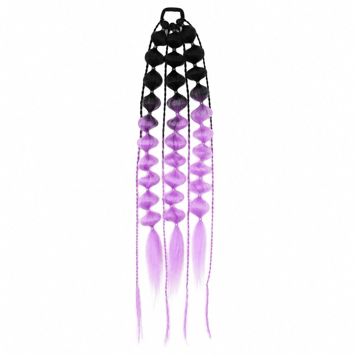 Black and lavender 22-inch bubble braid hair extensions with a black hair tie, shown on a white background.