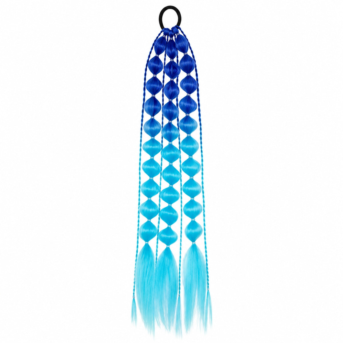 Blue and aquamarine 22-inch bubble braid hair extensions with a black hair tie, shown on a white background.