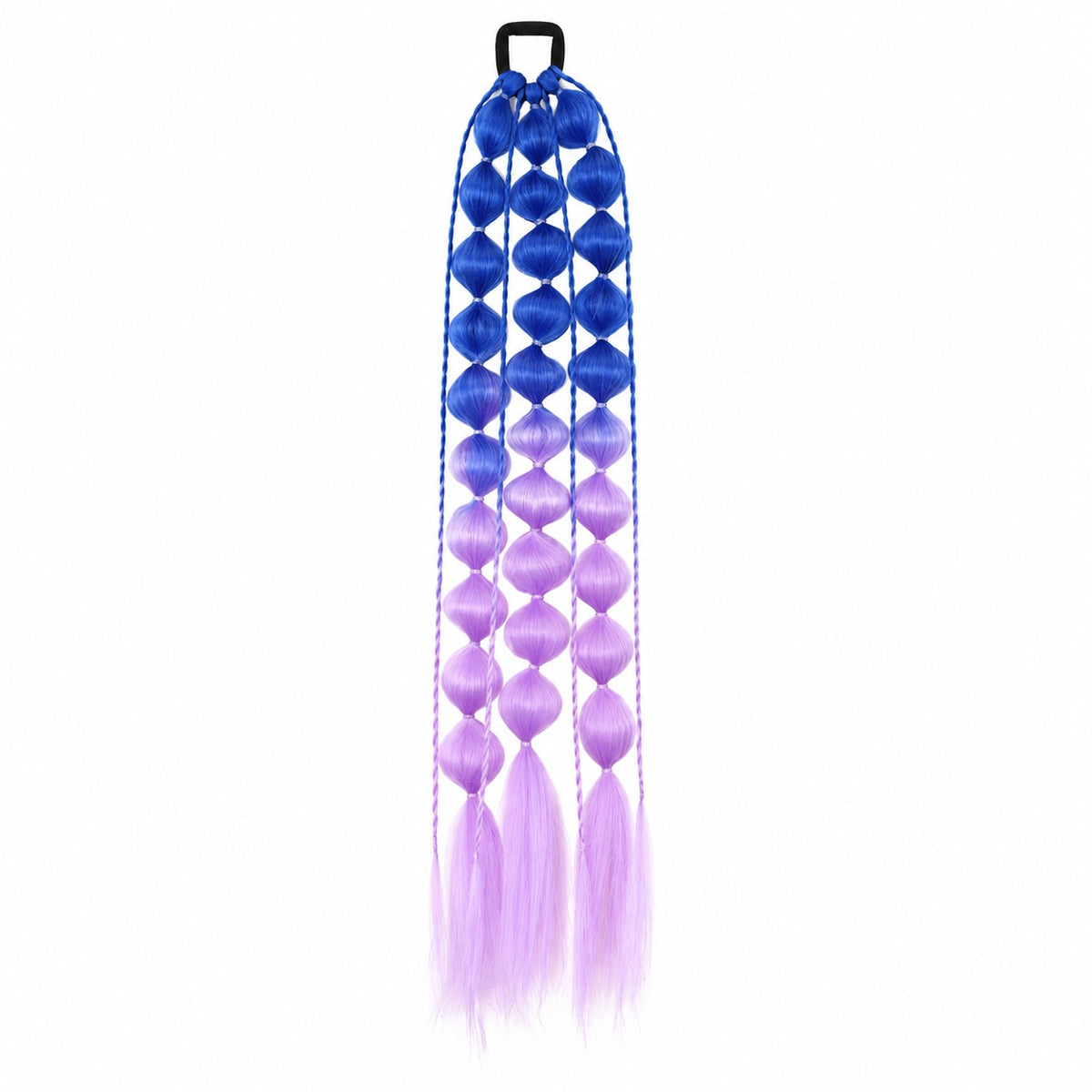 Blue and light purple 22-inch bubble braid hair extensions with a black hair tie, shown on a white background.