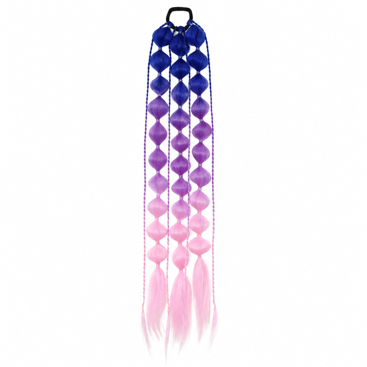 Blue and purple and seasell 22-inch bubble braid hair extensions with a black hair tie, shown on a white background.