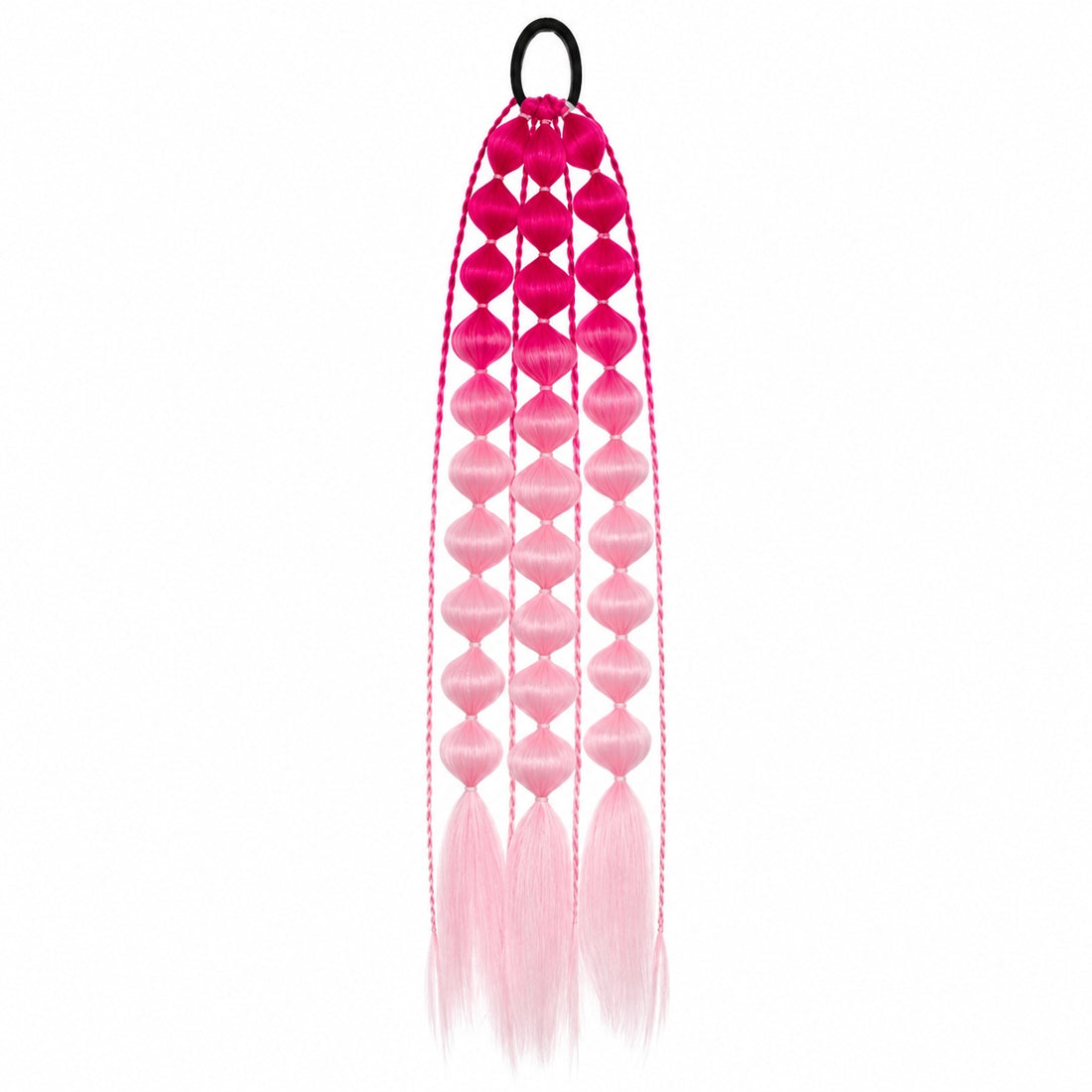 Fuscia and blush 22-inch bubble braid hair extensions with a black hair tie, shown on a white background.