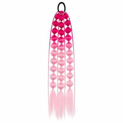 Fuscia and blush 22-inch bubble braid hair extensions with a black hair tie, shown on a white background.