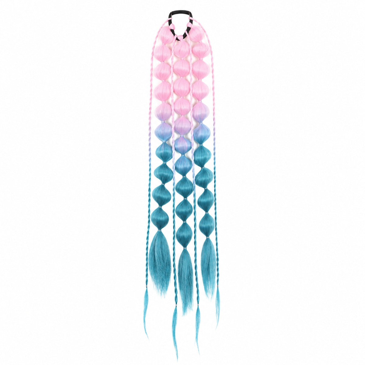 Light pink and aqua 22-inch bubble braid hair extensions with a black hair tie, shown on a white background.