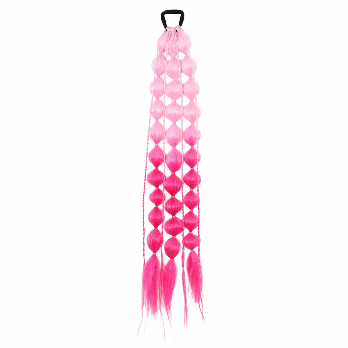 Light pink and watermelon 22-inch bubble braid hair extensions with a black hair tie, shown on a white background.