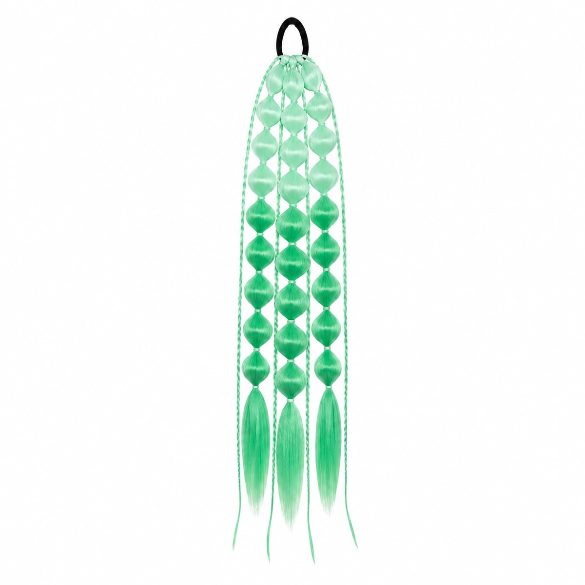 Pale turquoise and green 22-inch bubble braid hair extensions with a black hair tie, shown on a white background.
