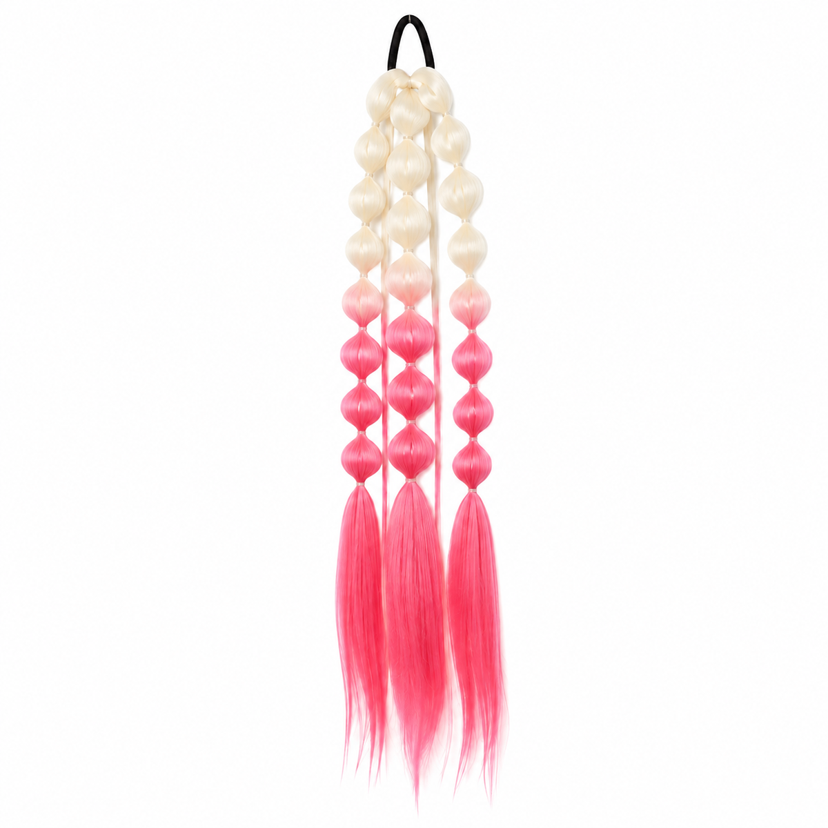 Pearl and watermelon 22-inch bubble braid hair extensions with a black hair tie, shown on a white background.