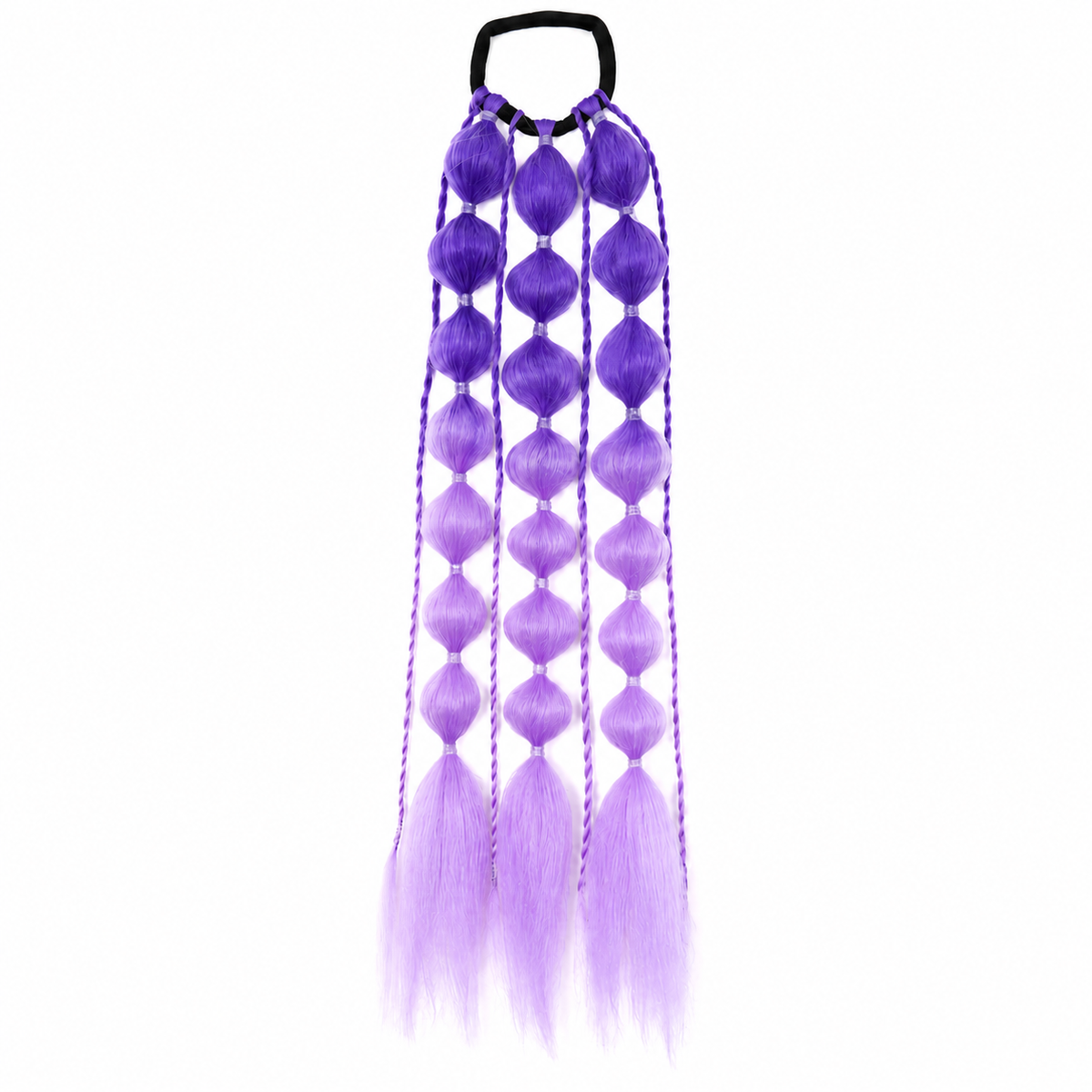 Purple and lilac 22-inch bubble braid hair extensions with a black hair tie, shown on a white background.