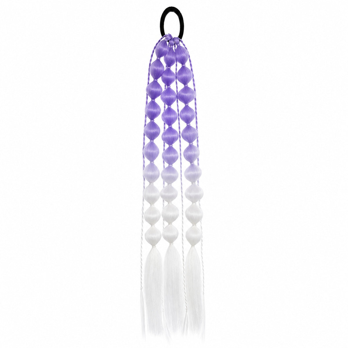 Purple and white 22-inch bubble braid hair extensions with a black hair tie, shown on a white background.