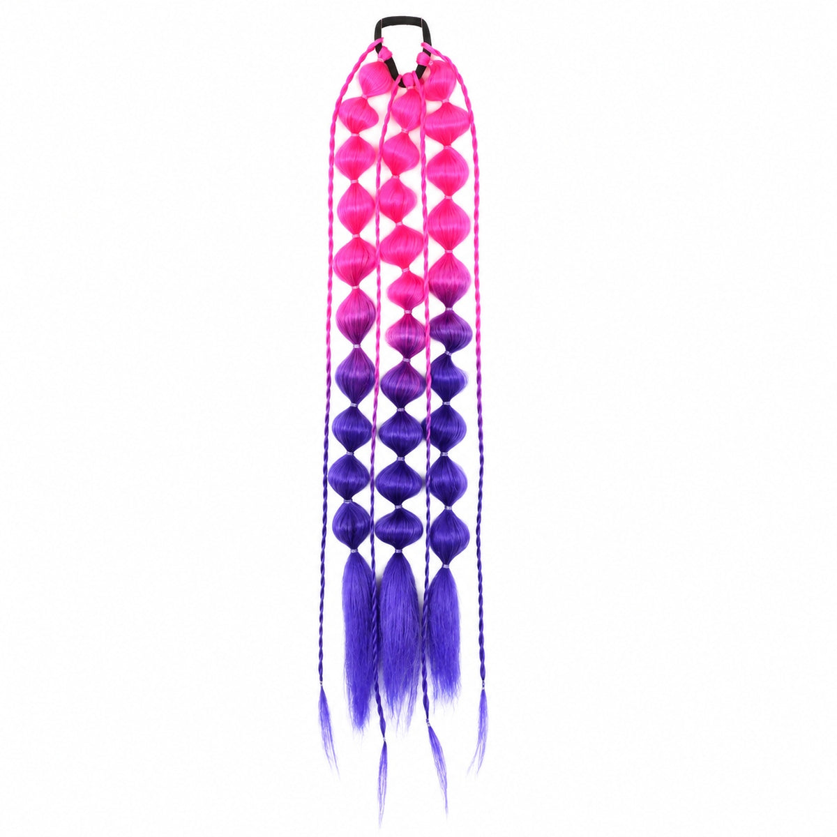 Rose and dark purple 22-inch bubble braid hair extensions with a black hair tie, shown on a white background.