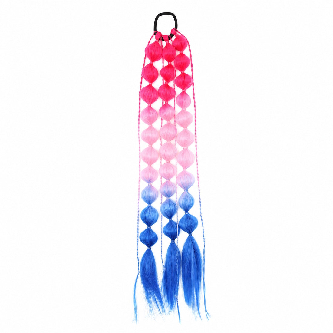 Rose and pink and blue 22-inch bubble braid hair extensions with a black hair tie, shown on a white background.