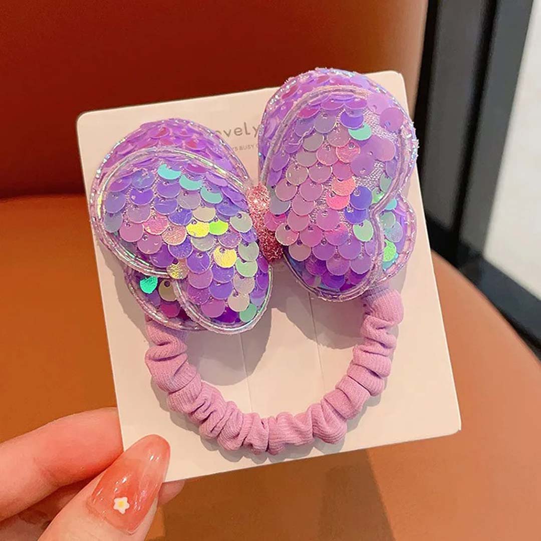 2PCS PURPLE KIDS SEQUIN BUTTERFLY HAIR TIES COLOURFUL ELASTIC PONYTAIL HOLDERS FOR GIRLS