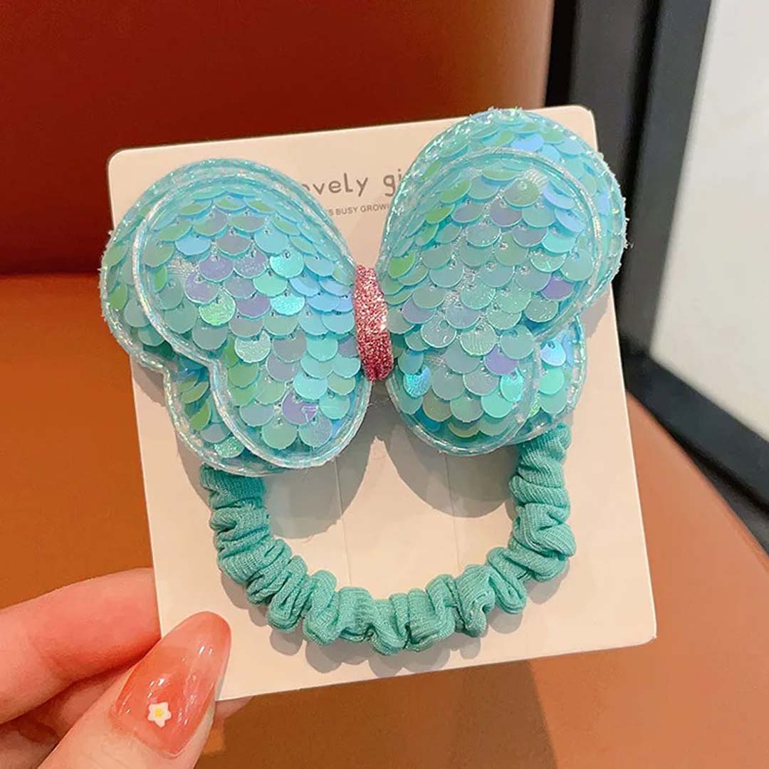 2PCS TURQUOISE KIDS SEQUIN BUTTERFLY HAIR TIES COLOURFUL ELASTIC PONYTAIL HOLDERS FOR GIRLS