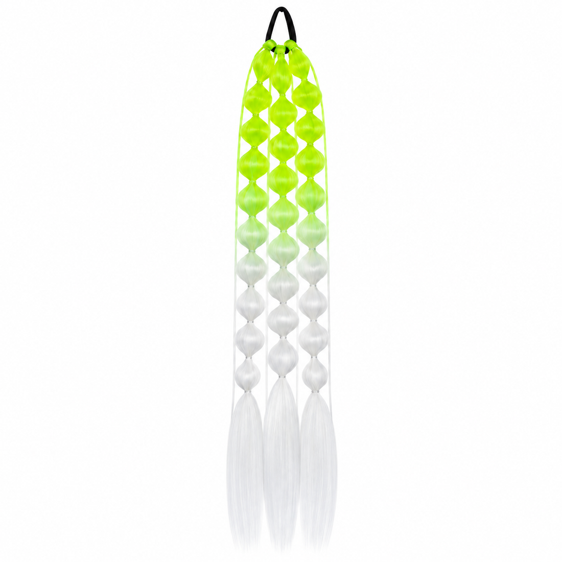 Volt green and white 22-inch bubble braid hair extensions with a black hair tie, shown on a white background.
