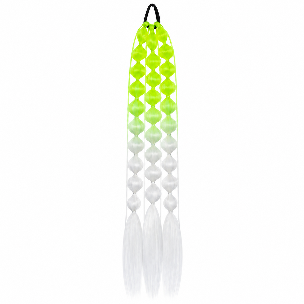 Volt green and white 22-inch bubble braid hair extensions with a black hair tie, shown on a white background.