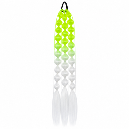 Volt green and white 22-inch bubble braid hair extensions with a black hair tie, shown on a white background.